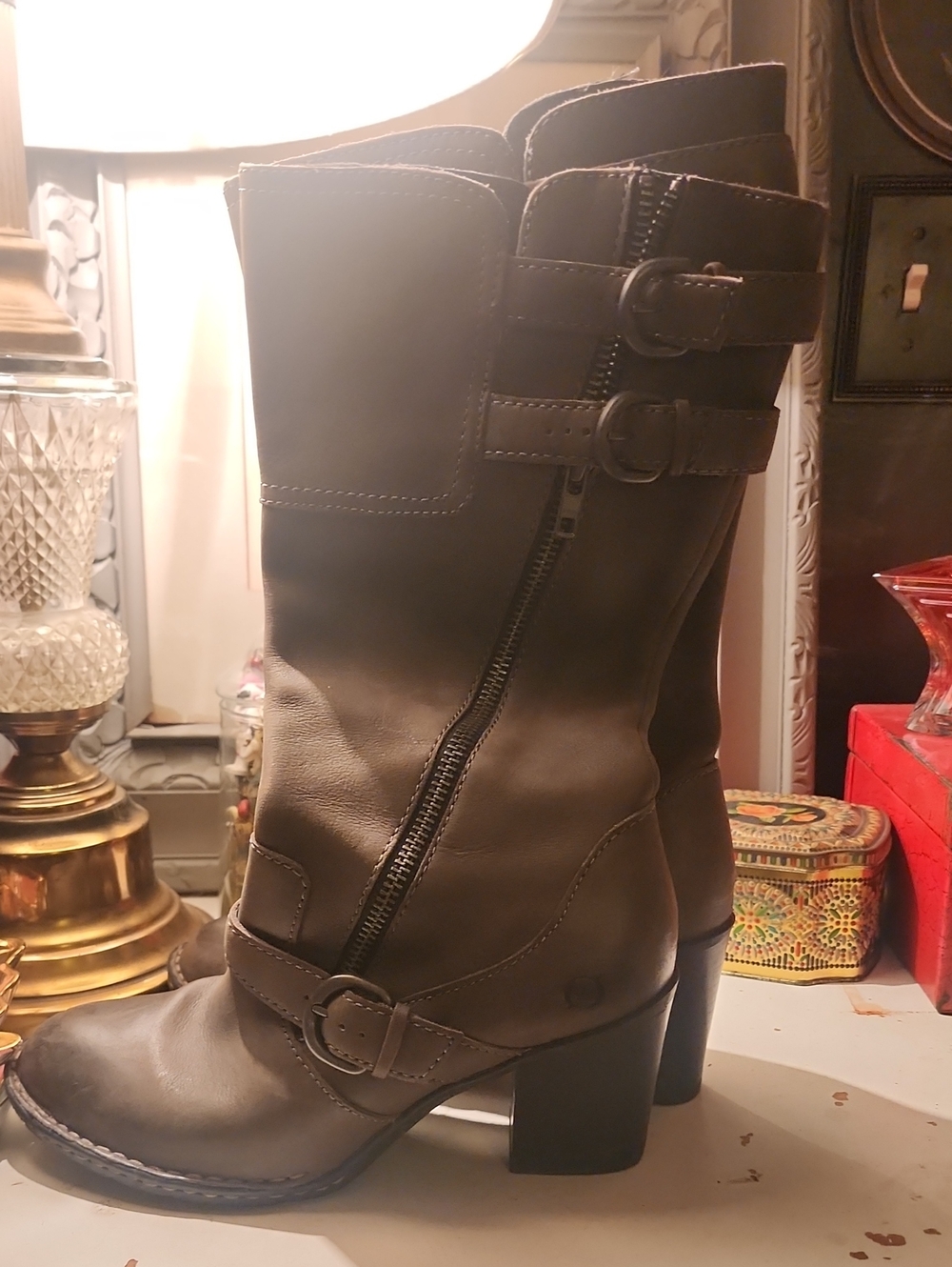 Born. Women’s Weathered Grey Mid-Calf Heeled Boots with Buckle Detail